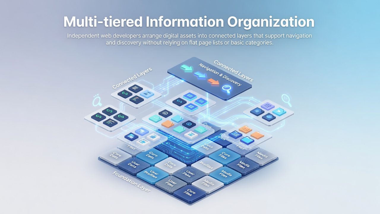 Multi-tiered information organization lets independent web developers arrange digital assets into connected layers that support navigation and discovery without relying on flat page lists or basic categories